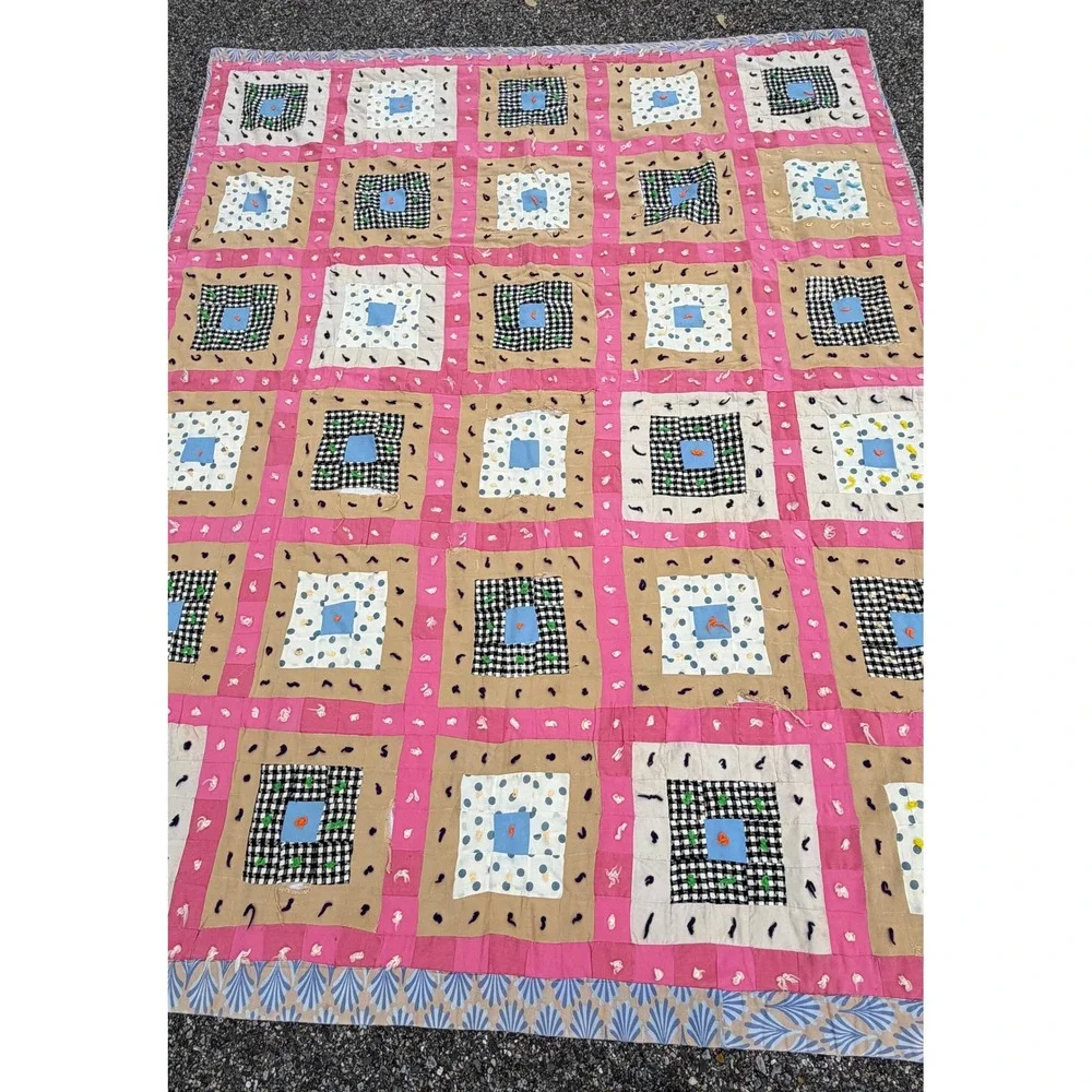 Vintage Handmade Tied Patchwork Quilt Pink Tan Gingham Polka Dot 54x74